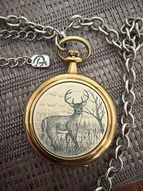 Colibri Quartz Pocket Watch with Deer Illustration and Chain